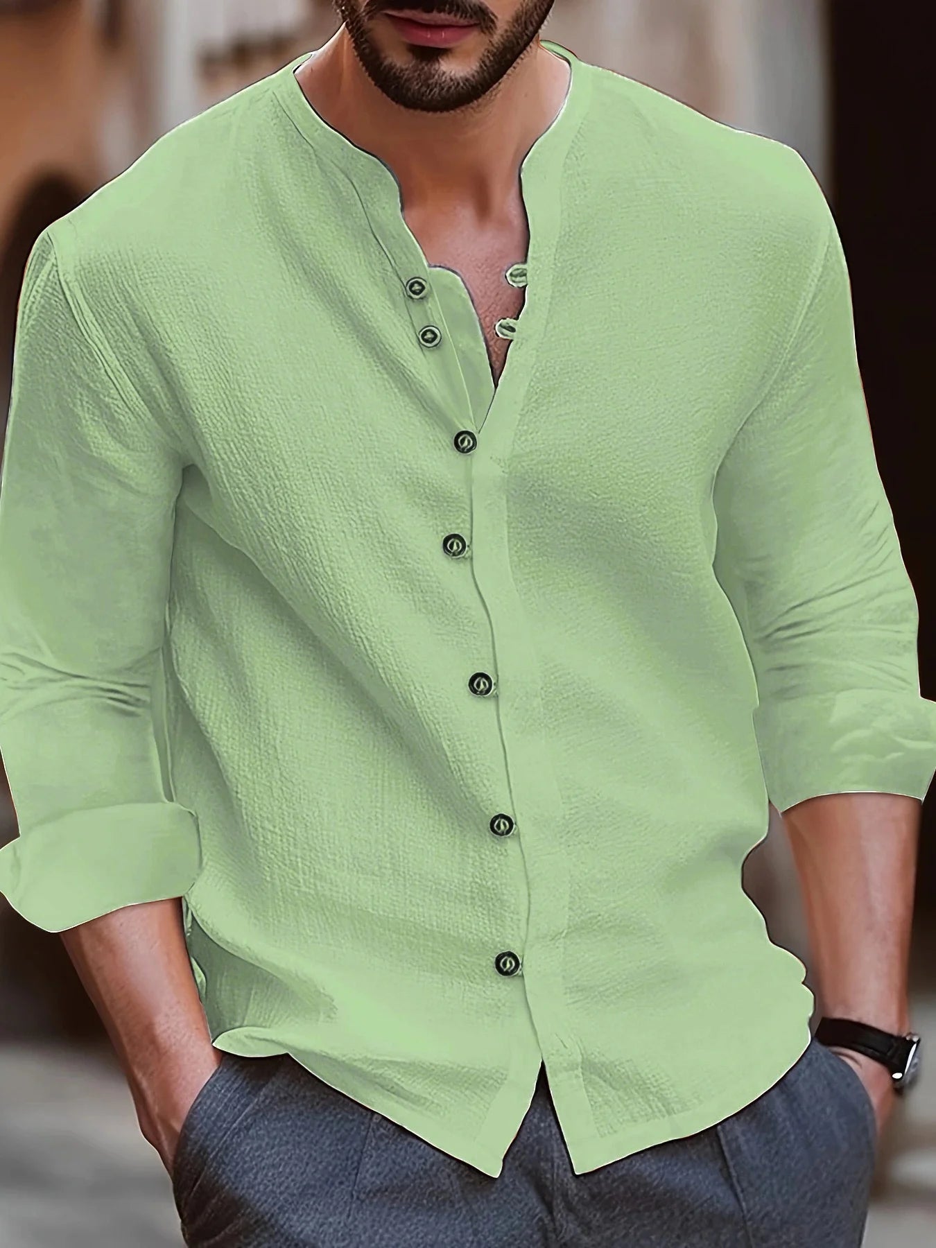 Men's Stand-Up Collar Linen Shirt